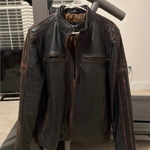 Vintage Black Rivet Men's Black and Brown Leather Jacket